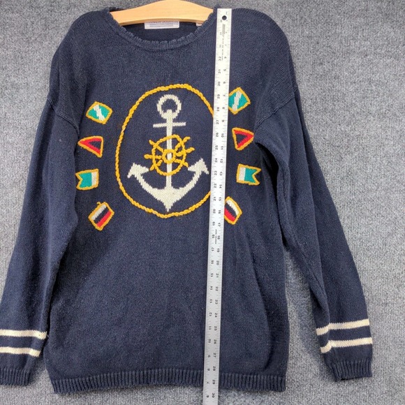 Karen Scott Womens Pullover Sweater Blue Medium Flags Nautical Shoulder Pads - Picture 11 of 13